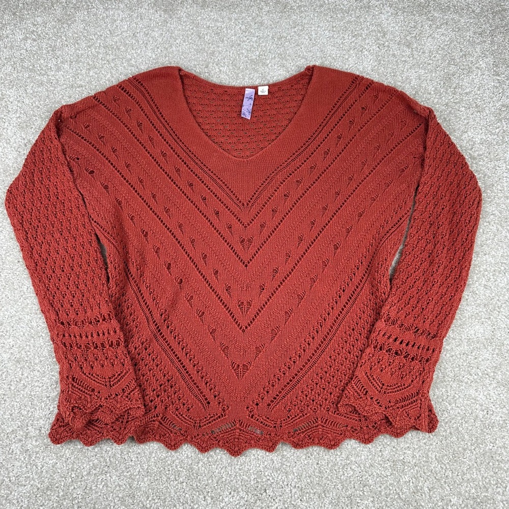 Alya Crochet Knit V-Neck Sweater Large Rust Orange Pointelle Boho Chevron Cotton